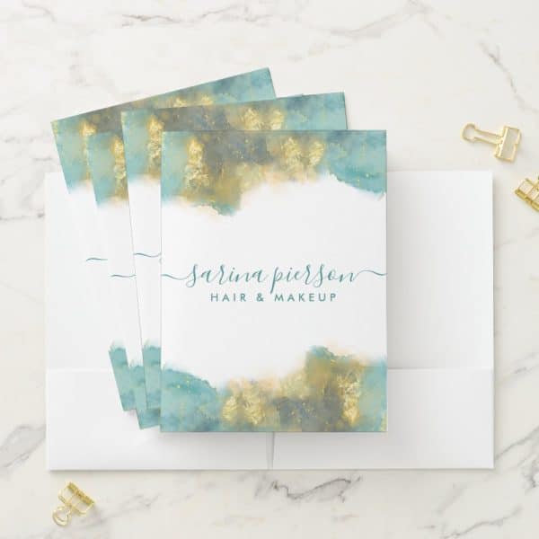 Stacked Hair And Makeup Artist Business Cards With Teal And Gold Watercolor Design. The Name Sarina Pierson Is Prominently Displayed.