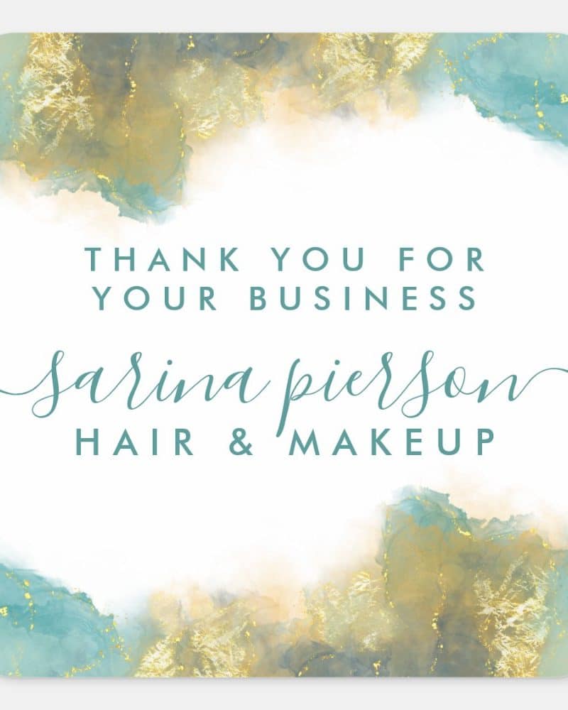 Thank you for your business card featuring Sarina Pierson Hair & Makeup. Teal and gold abstract design.