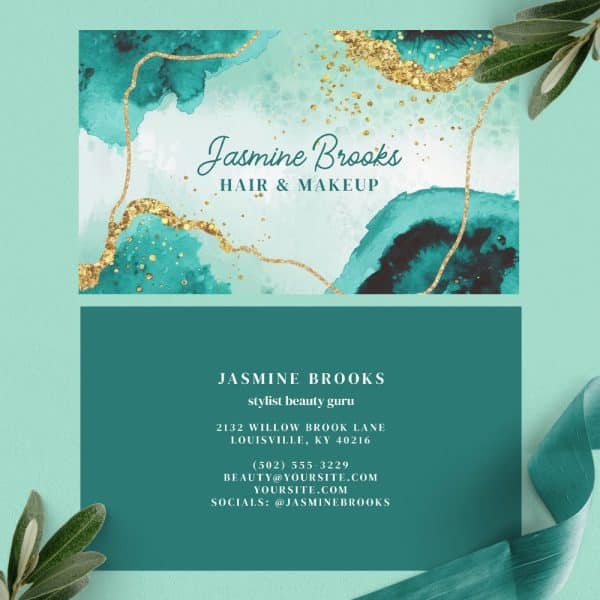 Business Card For Jasmine Brooks, Hair And Makeup Stylist. Teal And Gold Design.