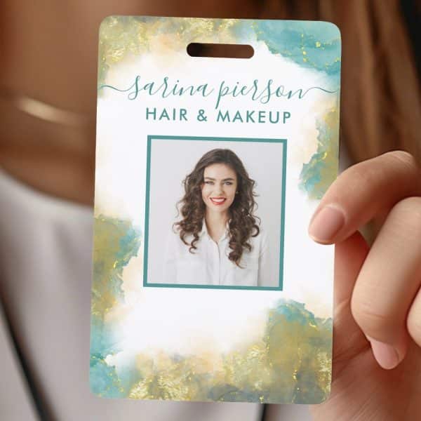 Sarina Pierson Hair &Amp; Makeup Name Tag With A Photo Of The Stylist. The Tag Features A Teal And Gold Watercolor Design.