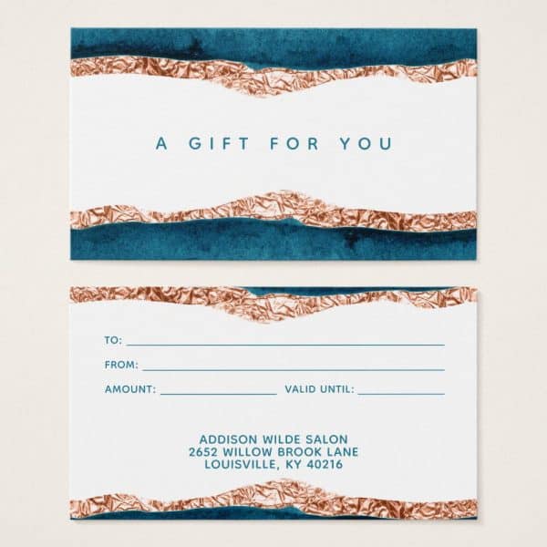A Gift Certificate With Teal And Copper Foil Accents. The Top Portion Says &Quot;A Gift For You.&Quot; The Bottom Portion Is A Fill-In-The-Blank Form With Space For Recipient, Sender, Amount, And Date. The Salon'S Name And Address Are Printed At The Bottom.