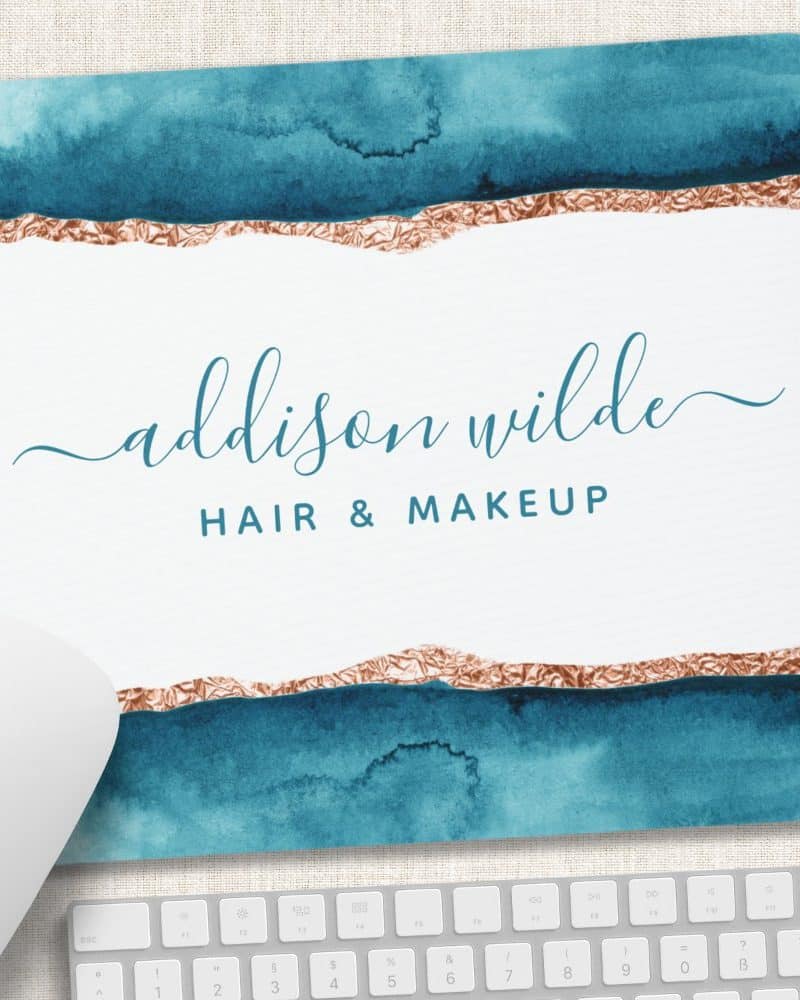 Mousepad with teal watercolor design, rose gold accents, and Addison Wilde Hair & Makeup text.
