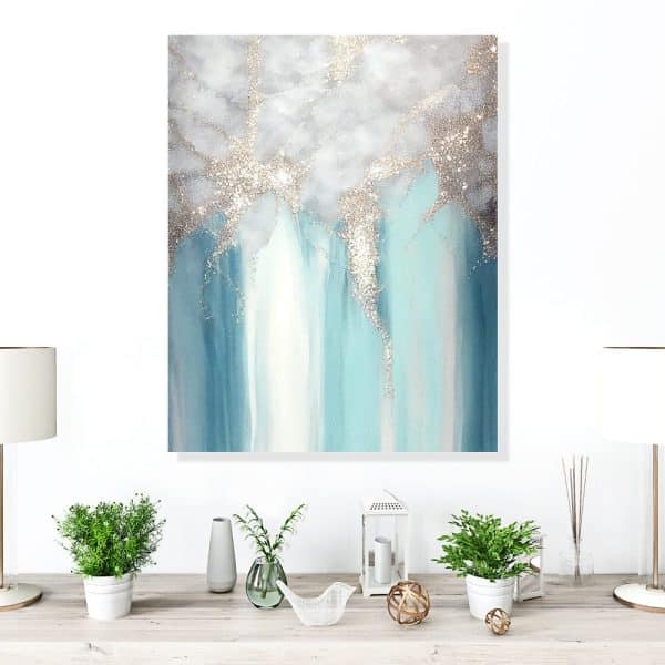 Abstract Painting In Teal, White, And Silver Glitter.