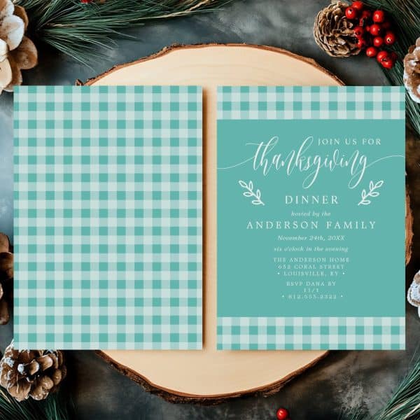 Teal And White Gingham Thanksgiving Dinner Invitation.