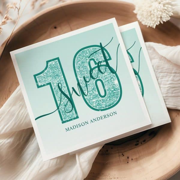 Sweet Sixteen Invitation For Madison Anderson, Featuring Teal Glitter Numbers.