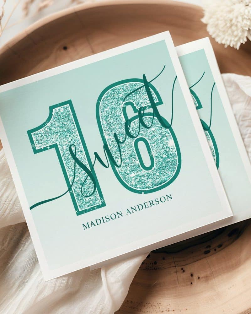 Sweet sixteen invitation for Madison Anderson, featuring teal glitter numbers.