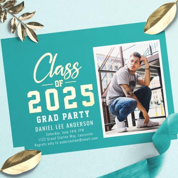 Teal Graduation Party Invitation For Daniel Lee Anderson, Class Of 2025. Includes A Photo Of The Graduate.
