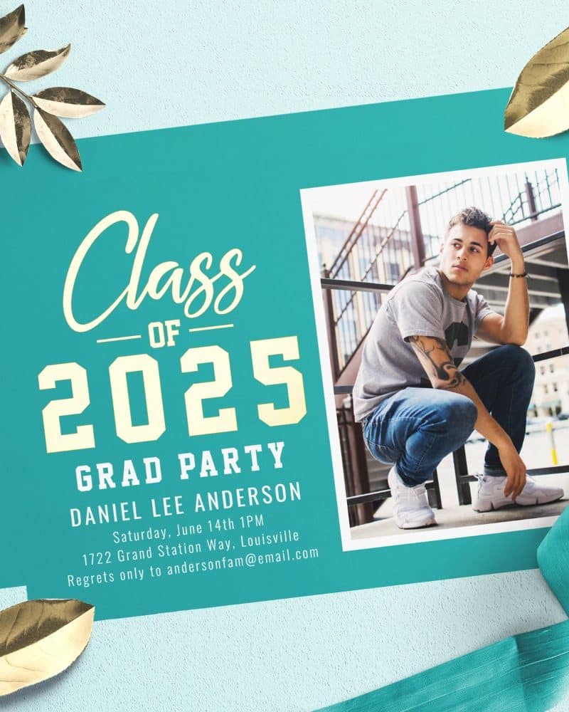 Teal graduation party invitation for Daniel Lee Anderson, Class of 2025. Includes a photo of the graduate.