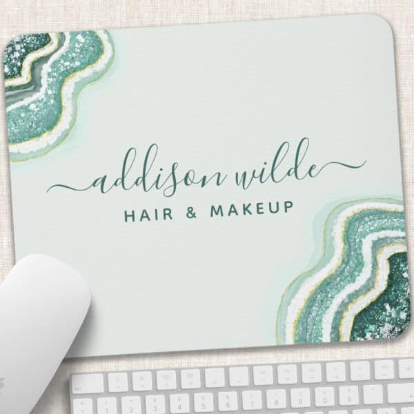Mousepad Featuring Teal And Gold Agate Design And Addison Wilde Hair &Amp; Makeup Text.