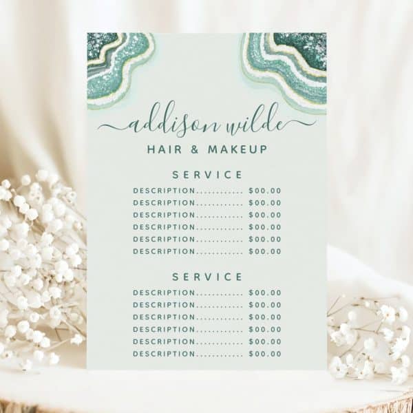 A Teal And Gold Agate-Styled Price List For Addison Wilde Hair &Amp; Makeup.