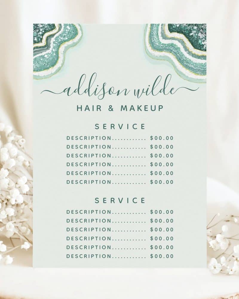 A teal and gold agate-styled price list for Addison Wilde Hair & Makeup.