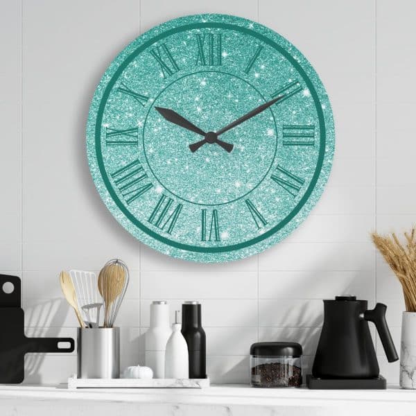 Teal Glitter Wall Clock With Roman Numerals.