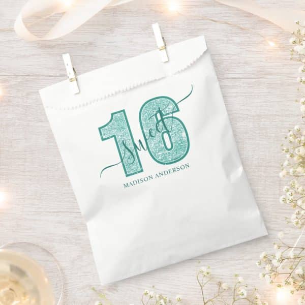 White Party Favor Bag With Teal Glitter Sweet 16 Design And Madison Anderson'S Name.