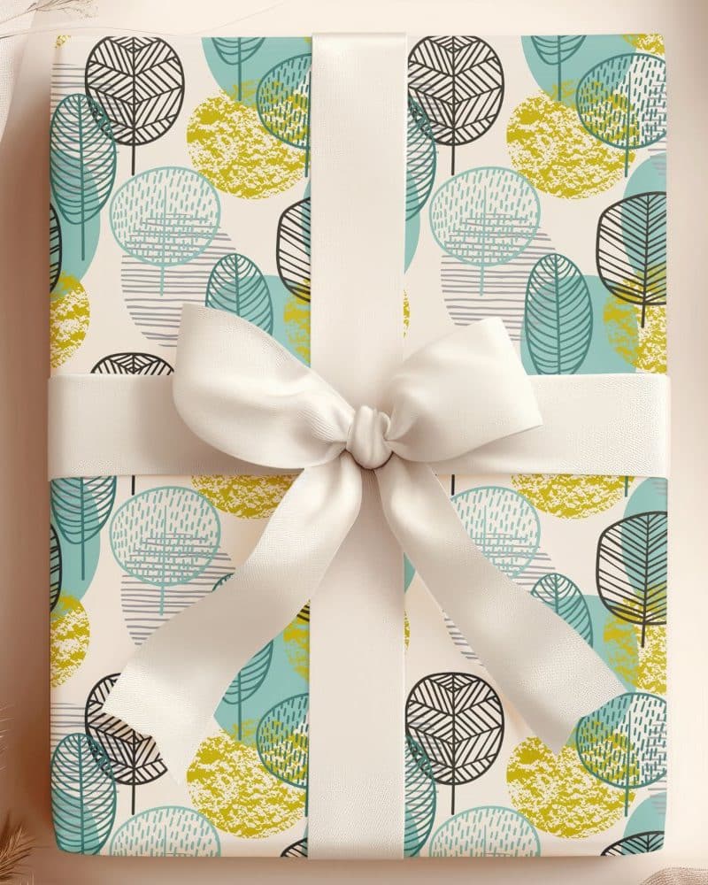 Gift wrapped with a cream ribbon and a stylized leaf pattern in teal and gold.