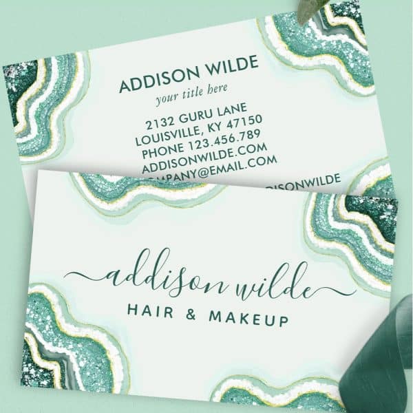 Two Business Cards Featuring A Teal And Gold Agate Design; One Shows Contact Information, The Other Displays The Name Addison Wilde, Hair &Amp; Makeup.