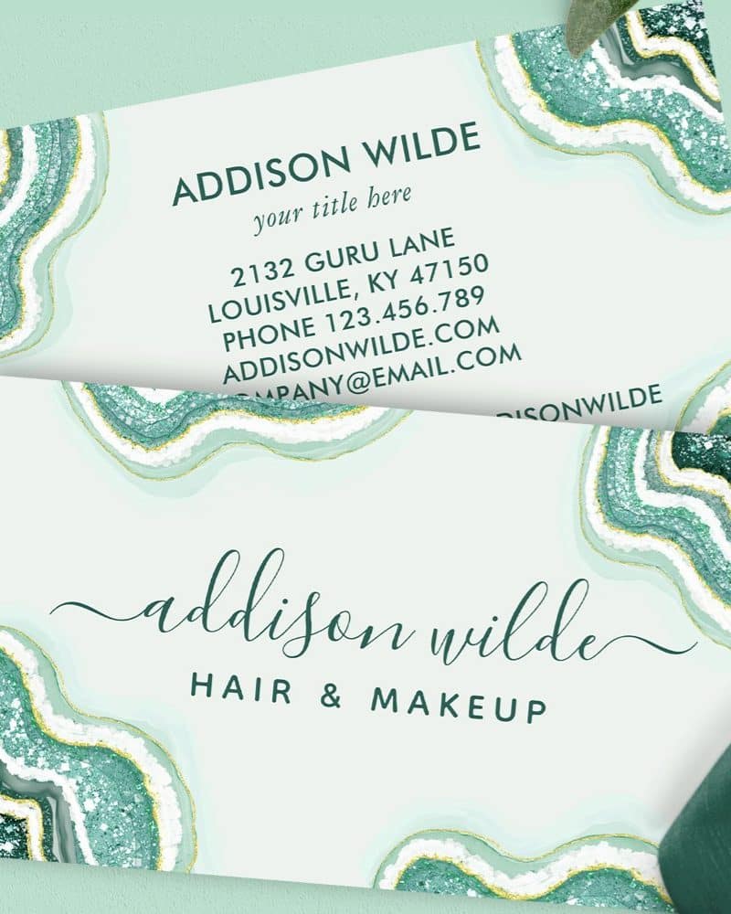 Two business cards featuring a teal and gold agate design; one shows contact information, the other displays the name Addison Wilde, Hair & Makeup.