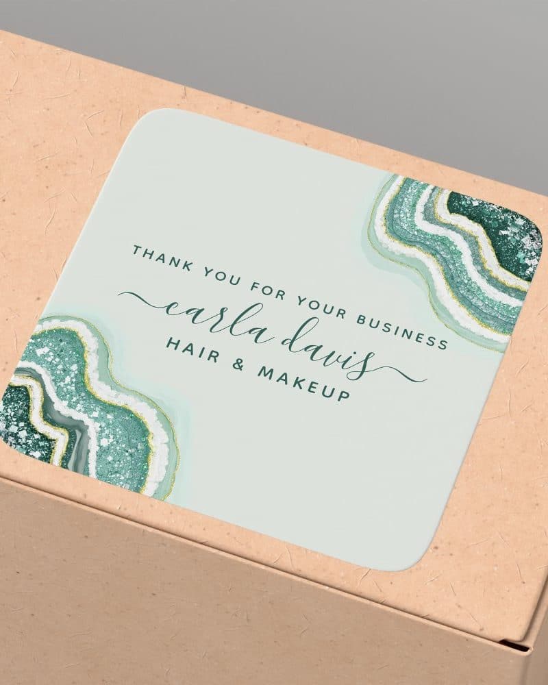 Thank you sticker from Carla Davis Hair & Makeup featuring an agate design.