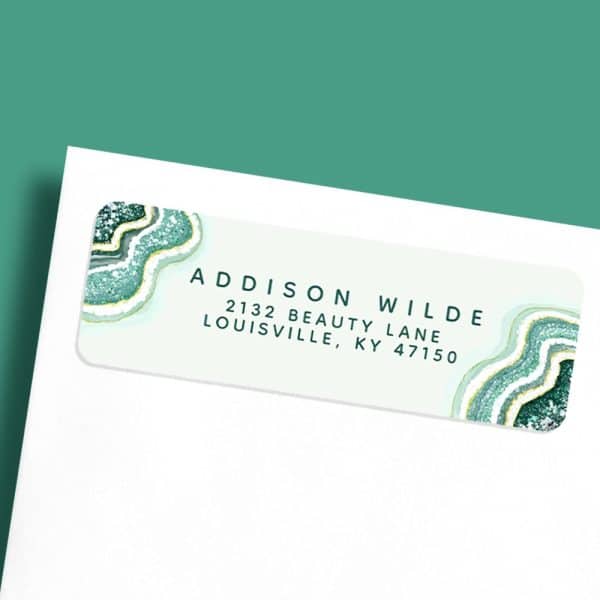 Return Address Label With Teal Agate Design And Addison Wilde'S Address.
