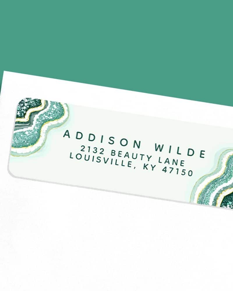 Return address label with teal agate design and Addison Wilde's address.