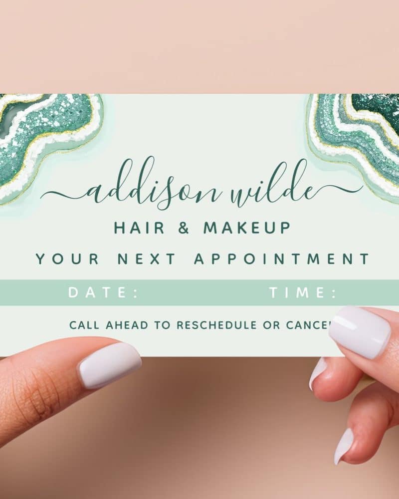 A light green appointment reminder card featuring an agate design, with space to fill in the date and time.