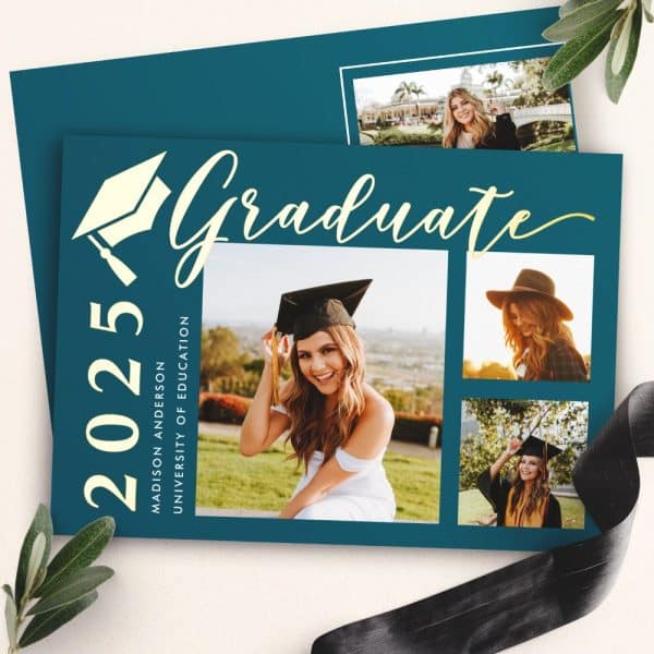 Teal Graduation Announcement With Photos Of Madison Anderson, Class Of 2025, University Of Education.