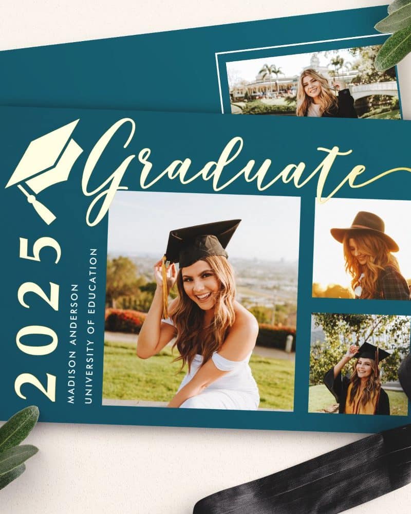 Teal graduation announcement with photos of Madison Anderson, class of 2025, University of Education.