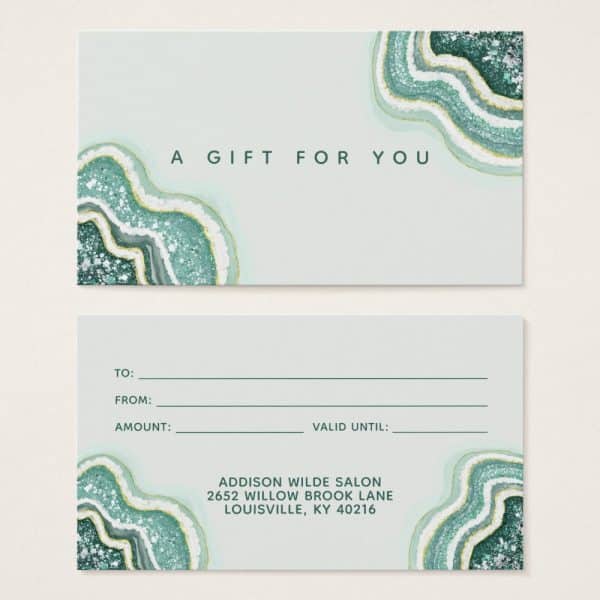 Gift Certificate With Teal And Gold Agate Design.