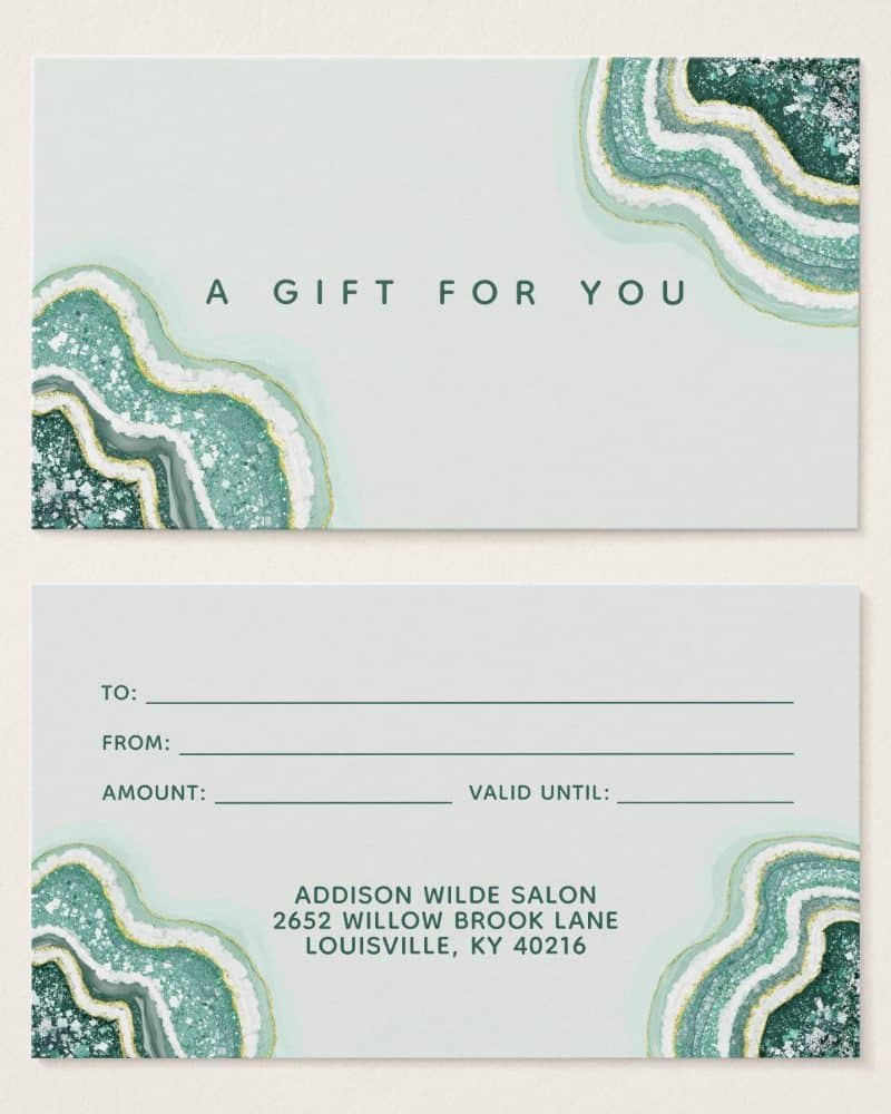 Gift certificate with teal and gold agate design.