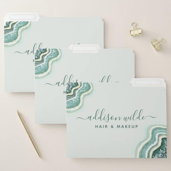 Three Light Teal File Folders With A Teal And Gold Agate Design And The Name Addison Wilde Hair &Amp; Makeup.