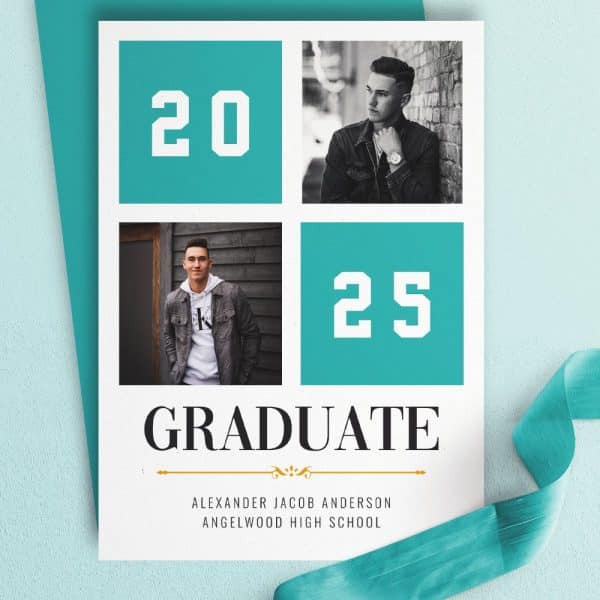 Graduation Announcement For Alexander Jacob Anderson, Angelwood High School, Class Of 2025, Featuring Two Photos Of The Graduate.