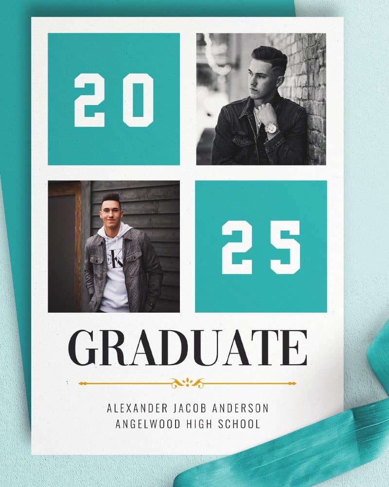 Graduation announcement for Alexander Jacob Anderson, Angelwood High School, class of 2025, featuring two photos of the graduate.