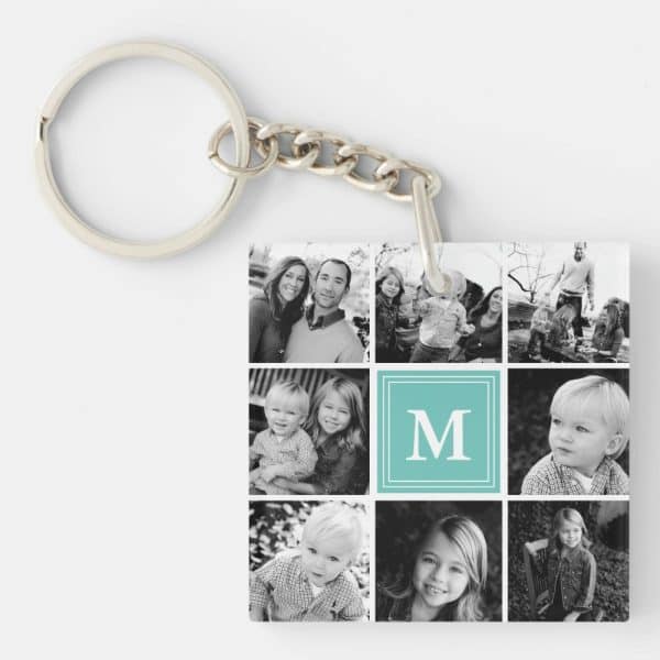 Square Keychain With Black And White Family Photos And A Teal Monogram.