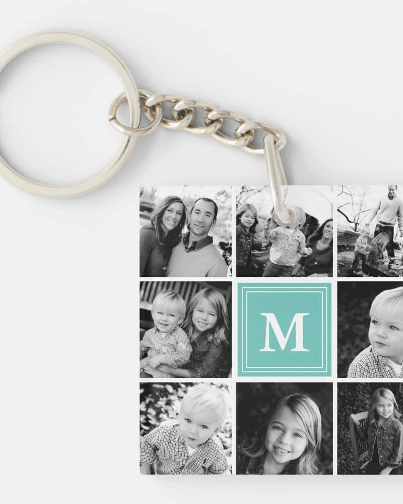 Square keychain with black and white family photos and a teal monogram.