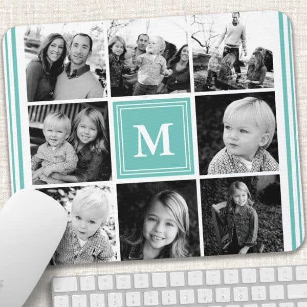 Mousepad Featuring A Collage Of Black And White Family Photos With A Teal Monogram.