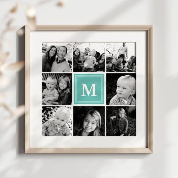 Framed Black And White Family Photo Collage With A Teal Initial M In The Center.