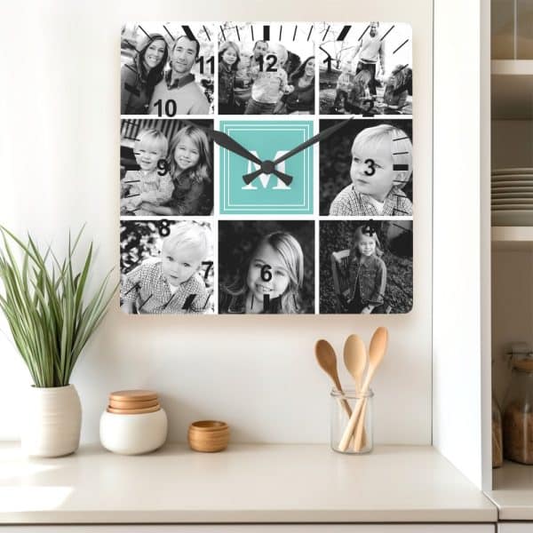 Square Wall Clock With Black And White Family Photos And A Teal Monogram In The Center.