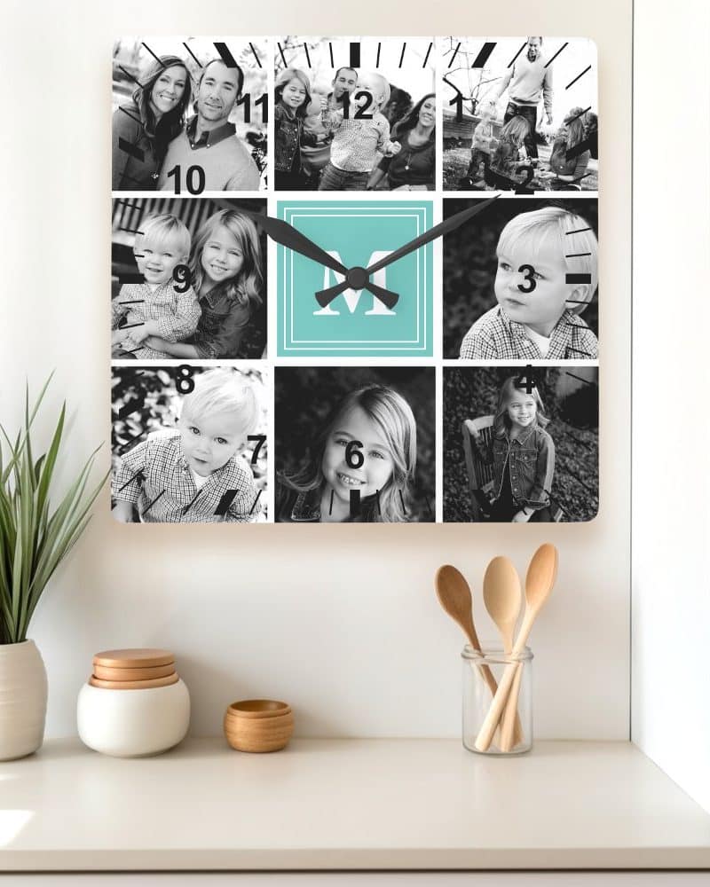 Square wall clock with black and white family photos and a teal monogram in the center.