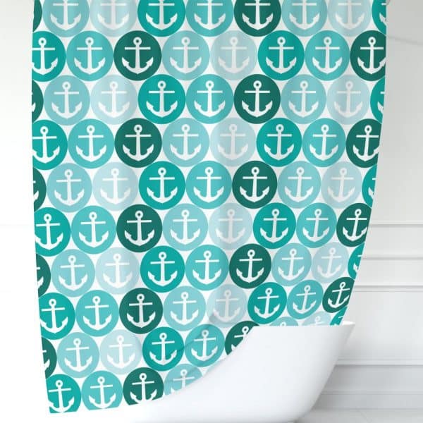 Teal And Light Blue Shower Curtain With A Repeating Pattern Of White Anchors Inside Circles.