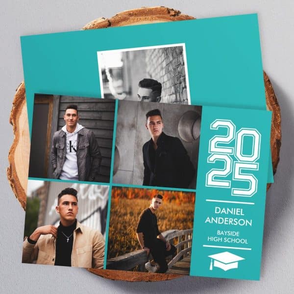 Teal Graduation Announcement Featuring Four Photos Of Daniel Anderson, Bayside High School Class Of 2025.