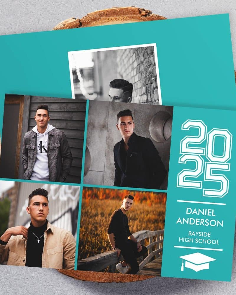 Teal graduation announcement featuring four photos of Daniel Anderson, Bayside High School class of 2025.