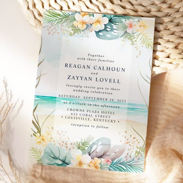 Beach-Themed Wedding Invitation For Reagan Calhoun And Zayyan Lovell.