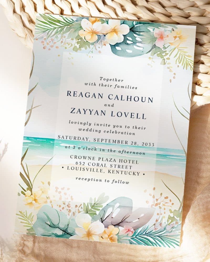 Beach-themed wedding invitation for Reagan Calhoun and Zayyan Lovell.