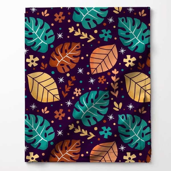 Dark Purple Fabric With A Repeating Pattern Of Teal, Orange, And Yellow Leaves And Flowers.