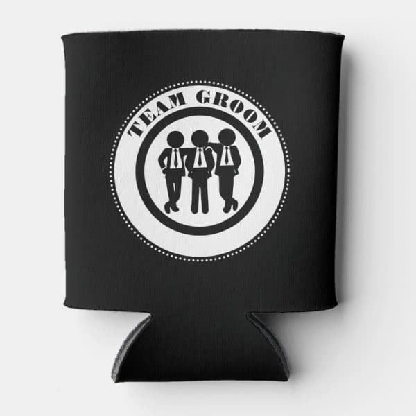 Black Can Cooler With A White Circle Graphic That Says Team Groom And Depicts Three Men In Suits.