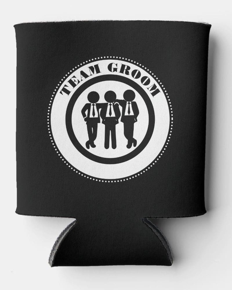 Black can cooler with a white circle graphic that says Team Groom and depicts three men in suits.