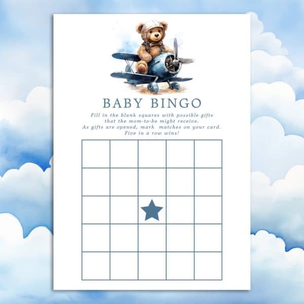 Baby Bingo Card Featuring A Teddy Bear In A Pilot Hat Flying A Plane.