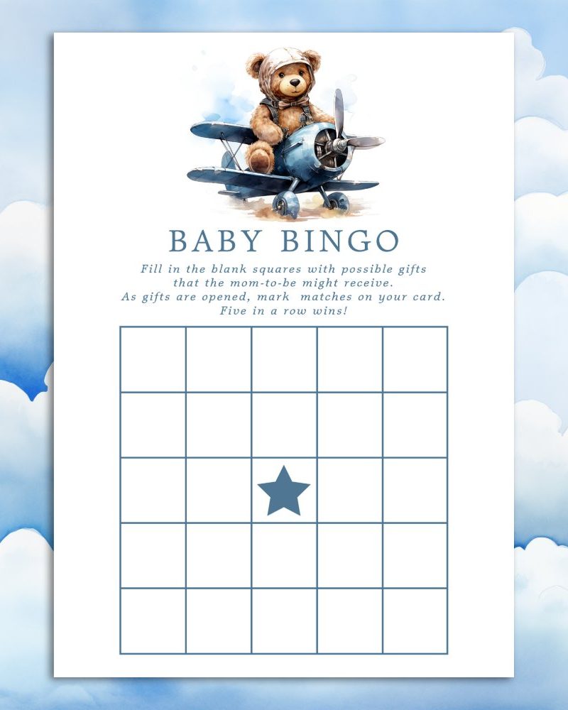 Baby bingo card featuring a teddy bear in a pilot hat flying a plane.