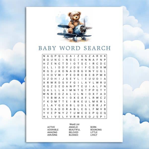 A Baby Word Search Featuring A Teddy Bear In A Plane.