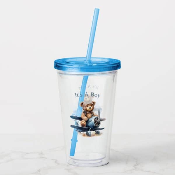 Clear Plastic Tumbler With Blue Lid And Straw, Featuring A Teddy Bear In A Blue Airplane Graphic And The Text It'S A Boy.