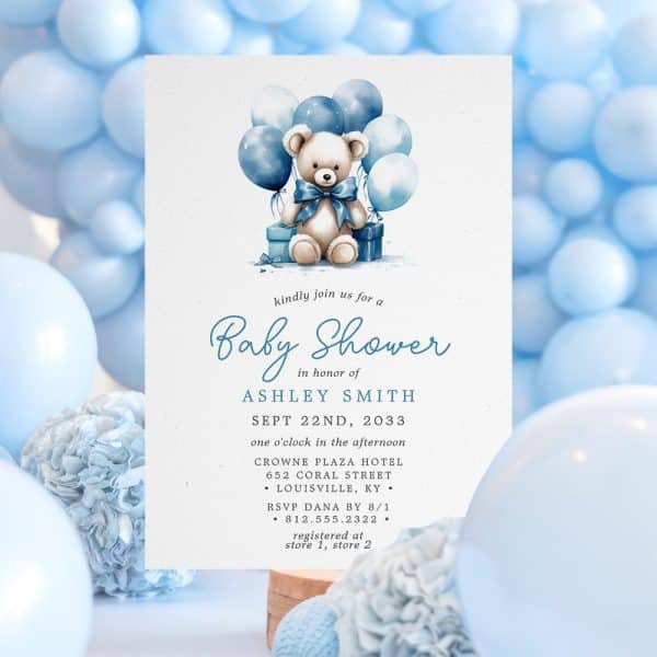 Baby Shower Invitation Featuring A Teddy Bear With Blue Balloons And Presents.